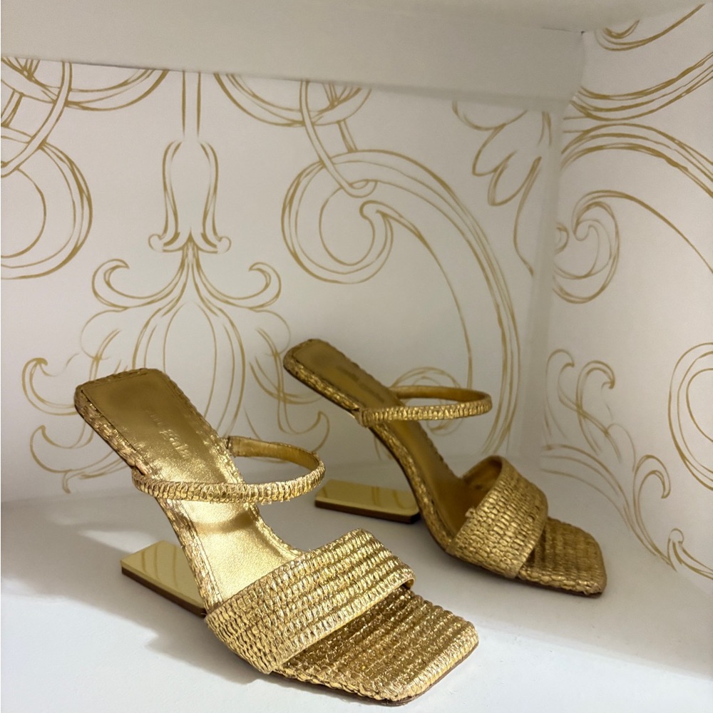 CULT GAIA Rene Metallic Cantilevered Heel Sandals In Gold